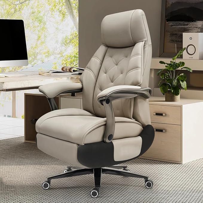 Kinnls Magnus Massage Office Chair with Ventilation and Heating,Leather Power Recliner Chair with Footrest,Big and Tall Ergonomic Comfy Home Office Desk Chairs High Back 500lbs (Light Gray)
