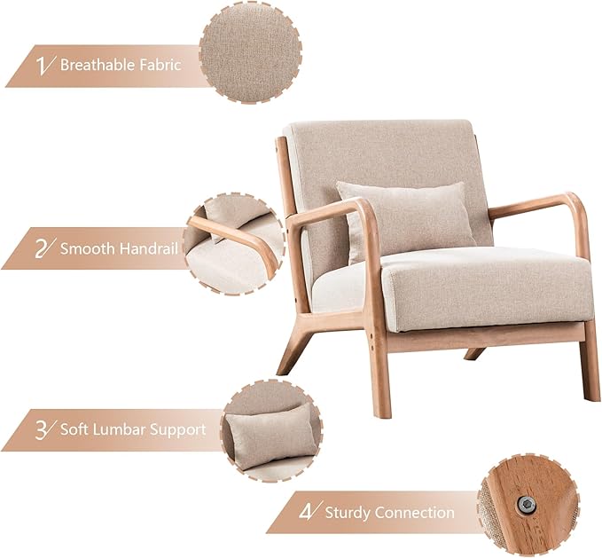INZOY Mid Century Modern Accent Chair with Wood Frame, Upholstered Living Room Chairs with Waist Cushion, Reading Armchair for Bedroom Sunroom (Beige)