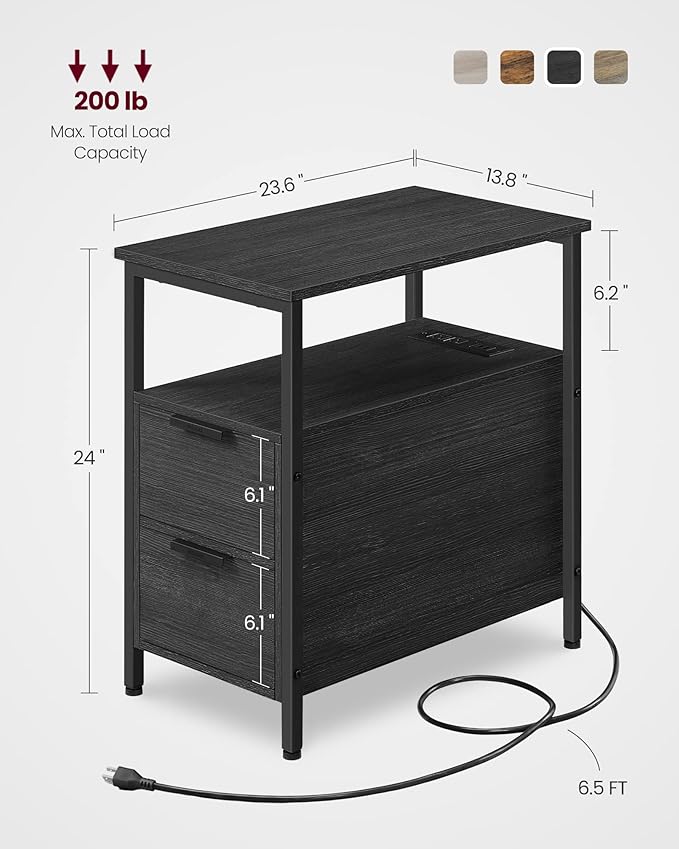 VASAGLE Side End Table with Charging Station, Slim Nightstand with 2 Drawers, Narrow Bedside Table for Living Room, Small Spaces, Charcoal Gray and Ink Black ULET321B22