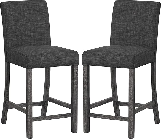 COSTWAY Counter Height Bar Stools Set of 2, 24.5’’ Upholstered Mid Century Modern Island Chairs with Rubber Wood Legs, Wooden Barstools for Kitchen, Dining Room, Bar, Restaurant (Grey)