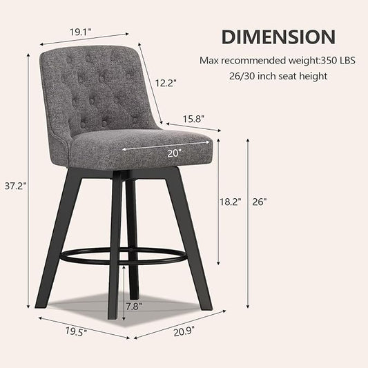 MINCETA Bar Stools Set of 2, 26 Inch Upholstered Barstools with Low Tufted Back and Footrest, Swivel Counter Height Barstools for Kitchen Island Home Bar Performance Fabric Gray
