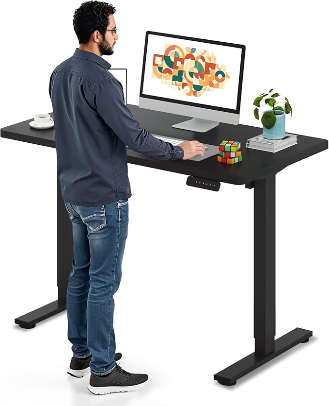 SANODESK Electric Standing Desk 48 x 24 Inches Whole-Piece Desktop Height Adjustable Stand Up Desk w/6-Button Controller Ergonomic Computer Desk for Home Office, Black Frame + Black Tabletop