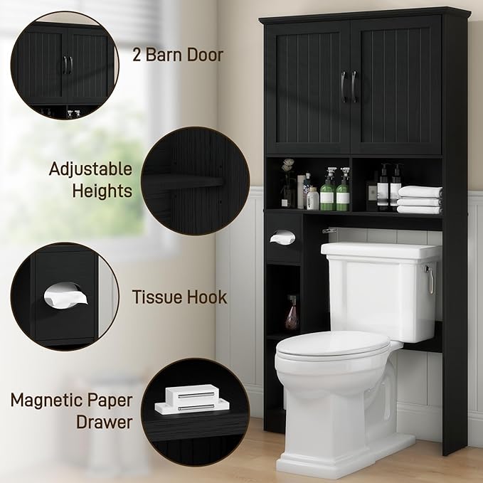 Over The Toilet Storage Cabinet, Farmhouse Storage Cabinet Over Toilet with Barn Door& Toilet Paper Holder Stand,Home Space-Saving Toilet Rack, for Bathroom, Restroom, Laundry.Pure Black