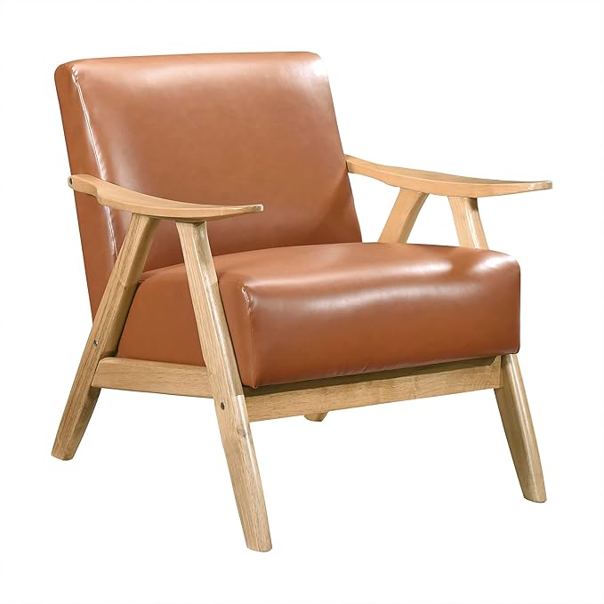 Lexicon Mid Century Modern Accent Chair with Solid Wood Frame in Natural Finish, Faux Leather Living Room Lounge Arm Chair, Thick and Comfy Innerspring Seat Cushion, Brown