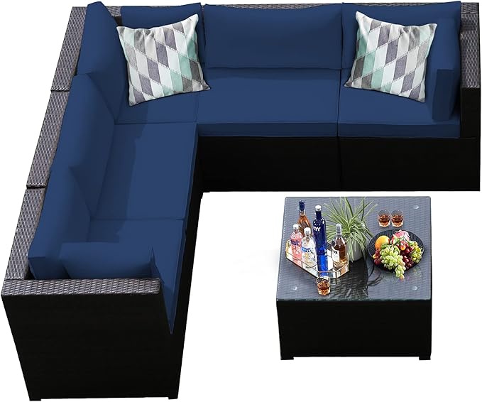 Tangkula 6 Pieces Patio Furniture Set, Outdoor Rattan Sofa Set, Wicker Conversation Set w/Tempered Glass Coffee Table & Cushions, Sectional Sofa Set for Backyard, Garden, Balcony, Poolside