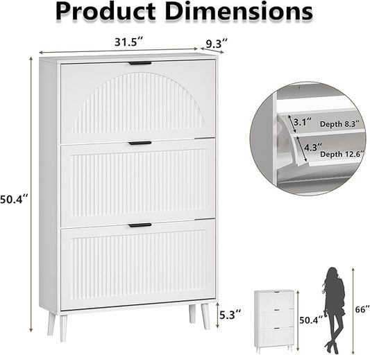 Shoe Cabinet for Entryway with 3 Flip Drawers, Slim Wooden Shoe Storage Organizer with Modern Fluted Pannel,Freestanding Narrow Hidden Shoe Rack for Hallway, Foyer, Living Room