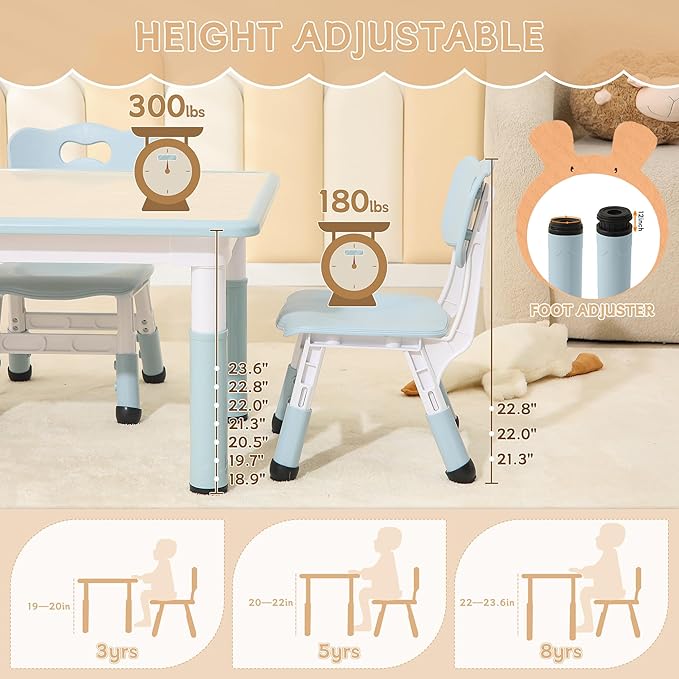 Kids Table and 2 Chairs Set, Height Adjustable Toddler Chairs, Graffiti Desktop Study With Anti-Slip Foot Covers, Children Activity Set for Ages 2-10, Blue Grey