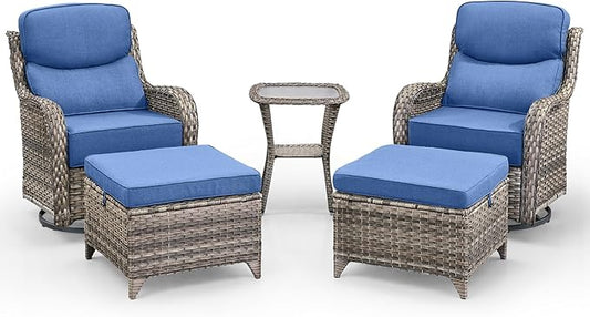 Swivel Patio Chairs Sofa Set of 5 with 6" Thick Cushion - Wicker Outdoor Swivel Rocker Patio Chair with Side Table, High Back Comfortable Outdoor Glider Chairs - Grey Wicker | Blue Cushions