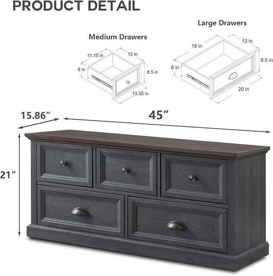 Farmhouse 5 Drawers Dresser for Bedroom, 45" Wide Chest of Drawers, 21" Tall Storage Closet Bench Storage Chest Storage Trunk, Wood Rustic Dresser for Closet, Living Room, Hallway, Dark Grey
