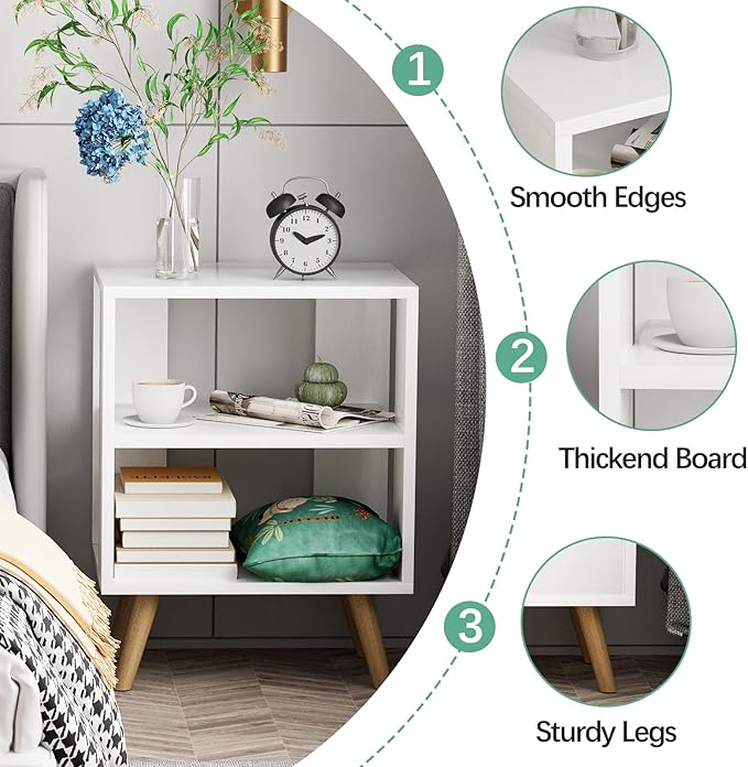 Night Stand, White Kids Nightstand, Modern End Table with Open Storage, 2-Tier Nursery Bedside Table for Small Space, Living Room, Bedroom