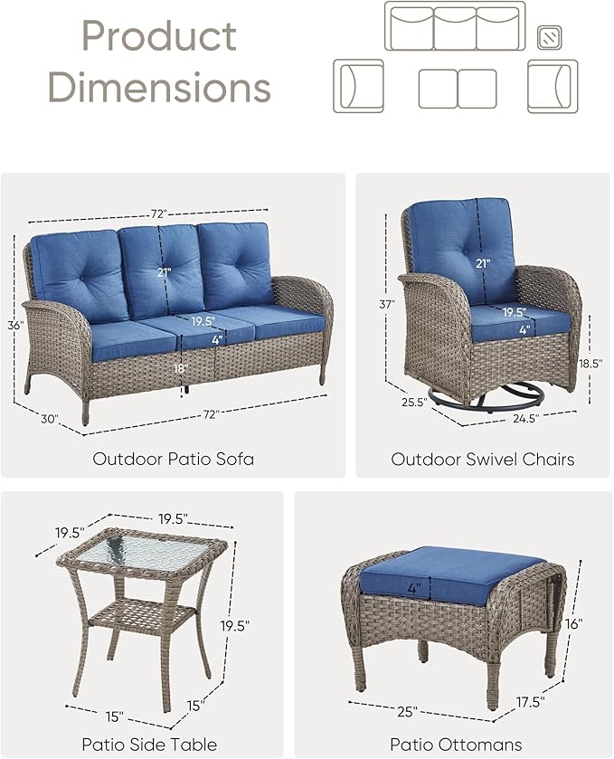 HUMMUH 6 Pieces Outdoor Patio Furniture-PE Rattan Wicker Sofa with Patio Swivel Rocking Chairs Patio Furniture for Deck Lawn Porch Balcony Poolside-Grey/Blue