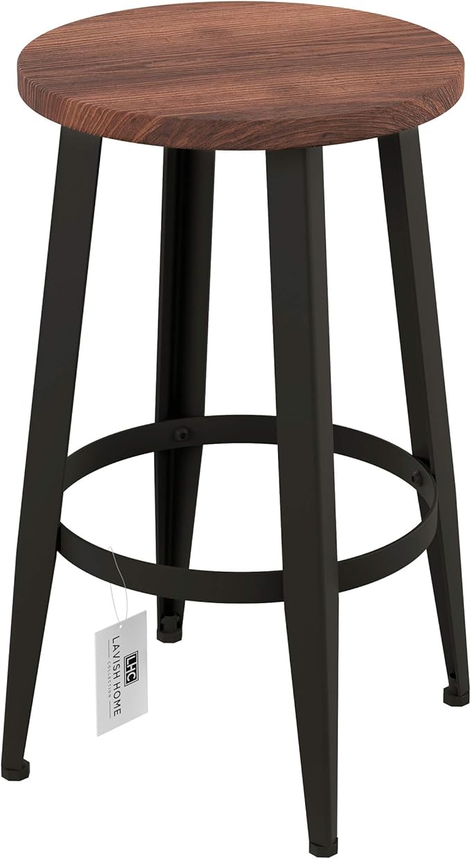 Lavish Home Set of 2 Counter-Height Bar Stools – Modern Backless Seating Set with Metal Bases and Wood Seats for Kitchens or Dining Rooms (Brown)