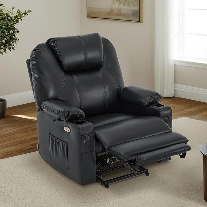 MCombo Oversized Power Lift Recliner Chair for Elderly, Lift Chair with Heat and Massage for Big and Tall, USB&Type C Ports, Cup Holders, Faux Leather R7510 (Black, Large-Wide)