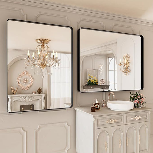 40x30 Inch Black Metal Framed Bathrrom Mirror for Wall,Matte Black Rectabgle Vanity Mirror,Tempered Glass,Anti-Rust,Rounded Corner,Horizontal or Vertical