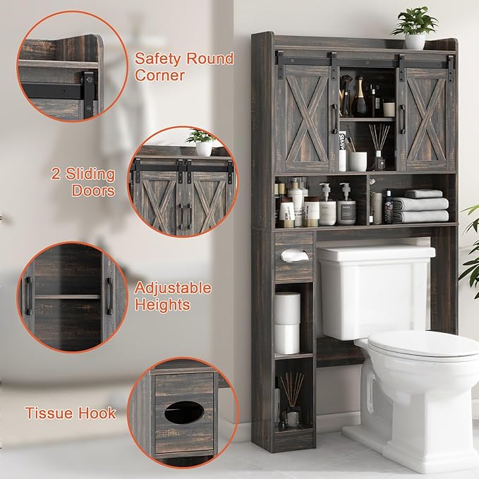 Vabches Over The Toilet Storage Cabinet, Farmhouse Storage Cabinet Over Toilet with Sliding Door& Toilet Paper Holder Stand,Home Space-Saving Toilet Rack, for Bathroom, Laundry and Restroom