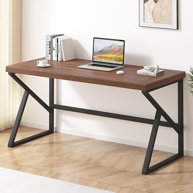 HSH Walnut Computer Desk, Industrial Modern Metal Wood Desk Workstation, Rustic Executive PC Laptop Work Desk Table for Home Office, Simple 55 Inch Writing Study Gaming Desk in Bedroom Living Room