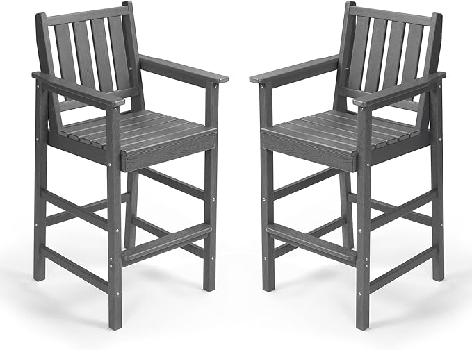 Adirondack Bar Chair Set of 2, HDPE Tall Adirondack Chairs Bar Stools with Footrest, Outdoor Bar Height Stool Chair Set, HDPE Patio Barstools Set for Balcony, Porch, Deck, Pool, Smoke Gray