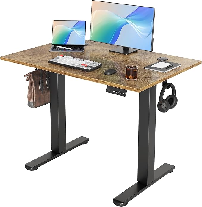 Seang Electric Height Adjustable Standing Desk, 40 x 24 Inch Sit-Stand Workstation with T-Style Frame, 3 Memory Height Options & Built-In Cable Management for Home Office, Black Frame/Rustic Brown Top