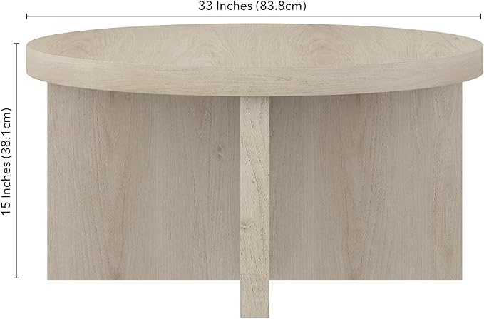Henn&Hart 33" Round Wood Pedestal Low-Profile Coffee Table for Living Room, Family Room, Office or Apartment, Alder White