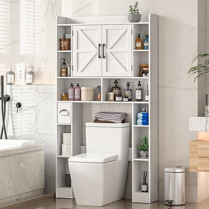 Farmhouse Storage Cabinet Over Toilet with Barn Doors,Over The Toilet Storage Cabinet, Home Space-Saving Toilet Rack, for Bathroom, Restroom, Laundry.