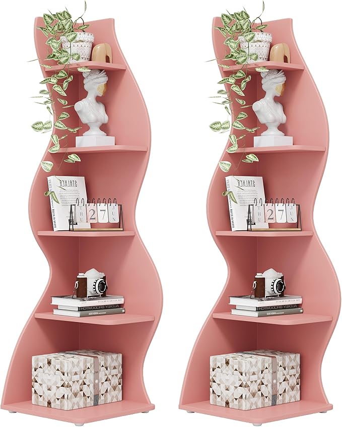 Tribesigns Corner Shelf, Modern 5-Tier Wall Corner Bookshelf, Stylish Corner Small Bookcase Storage Rack Plant Stand with Unique Shape for Living Room, Home Office (Pink, 2PCS)