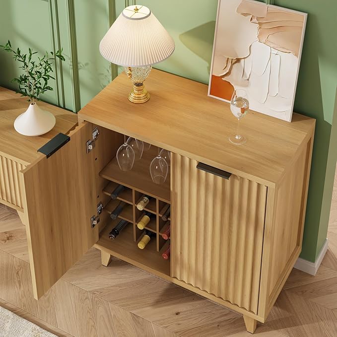 Fluted Coffee Bar Cabinet with Storage, Modern Sideboard Buffet Cabinet with Removable Wine Rack, Drawer, Adjustable Shelf, Natural Liquor Cabinets for Living Room, Dining Room, Kitchen, Entryway