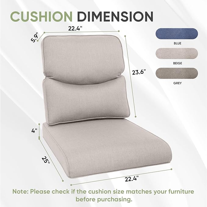 Outdoor Chair Cushion Set of 2, Waterproof Outdoor Seat Cushions 25x22, Patio Chair Cushions for Outdoor Furniture, Couch Cushion Replacement, Include 2 Back & 2 Seat Cushions, Smile/Beige