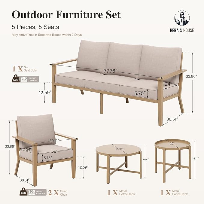 HERA'S HOUSE Patio Furniture Set 5-Piece, All-Weather Metal Outdoor Conversation Set with Wood Grain Finish, 2 x Leg Chair, 1 x 3-Seat Sofa, 2 x Multi-Functional Coffee Table for Garden Deck Backyard