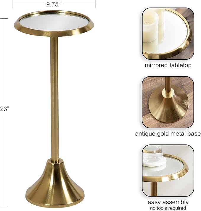 Kate and Laurel Sanzo Modern Pedestal Drink Table, 10 x 10 x 23, Antique Gold, Decorative End Table with Mirrored Tabletop for Use as Small Plant Stand or Cute Martini Table