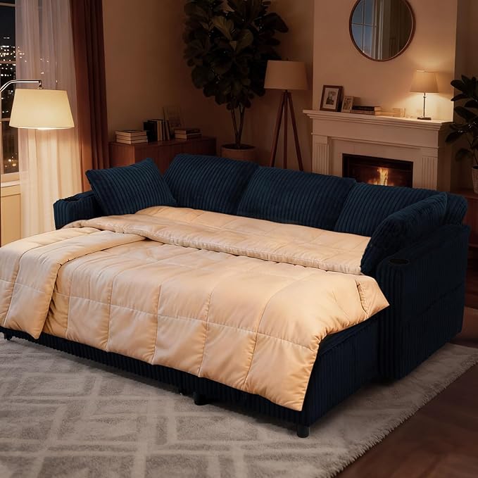 84" Corduroy Pull Out Sofa Bed w/Adjustable Backrests, Sectional L-Shape Sleeper Sofa w/Storage Chaise, Convertible Couch Bed w/USB Charging Port & Cup Holders for Living Room, House, Blue