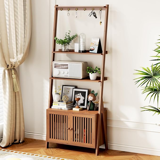 Bookcase with Drawers, 4-Tier Bamboo Bookshelf Ladder Shelf with 6 Hooks, Tall Narrow Retro Book Shelf, 24.8"L x 10.6"W x 59.5"H, Standing Storage Organizer for Living Room, Office, Bedroom, Walnut