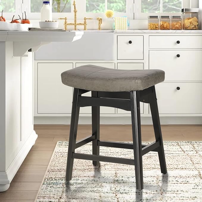 ALPHA HOME Bar Stool, Solid Wood Saddle Kitchen Stool with Grey PU Leather Cushion Counter Height Barstool with Wooden Base for Kitchen Dining Cafe, 24 Inch, Grey, 1PC