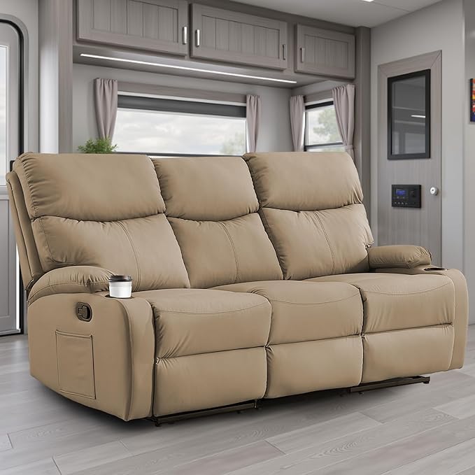 3-Seater Manual Seater Reclining Anti-Scratch 3 Seat Reclining Sofa with Side Pocket and Cupholders Reclining Loveseat Sofa for Living Room Meeting Room Bedroom Office Apartment