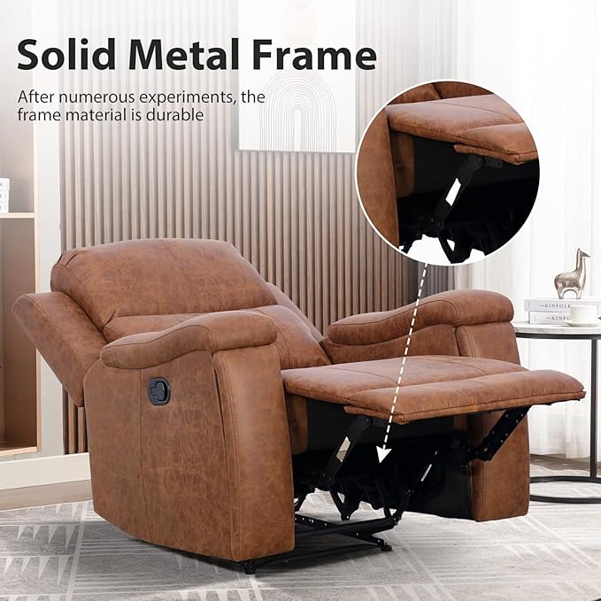 Brown Recliner Chair, Single Overstuffed Sofa Recliners, Breathable Faux Leather Manual Reclining Chairs with Hidden Cup Holder, Arm and Back for Adults, Living Room, Bedroom, Brown