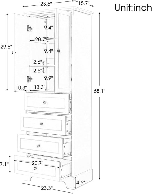 P PURLOVE Bathroom Storage Cabinet with 2 Doors and 4 Drawers,Tall Bathroom Cabinet Standing,Wood Freestanding Bathroom Cabinet for Kitchen,Living Room,White