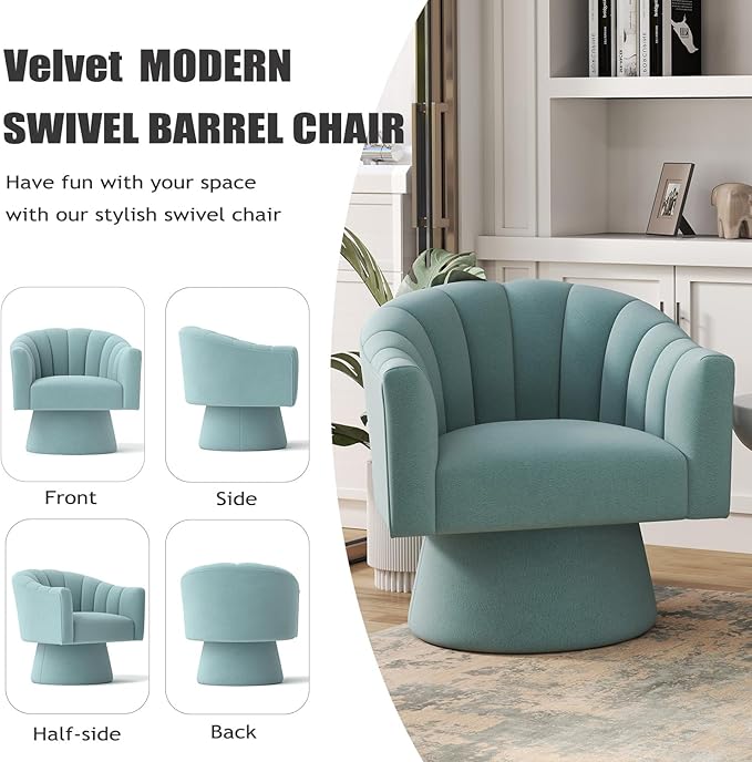Swivel Accent Chair,Upholstered Velvet 360° Swivel Barrel Chair for Living Room Overstuffed Bouncle Reading Chair Round Armchair for Bedroom,Vanity,Office(Blue)