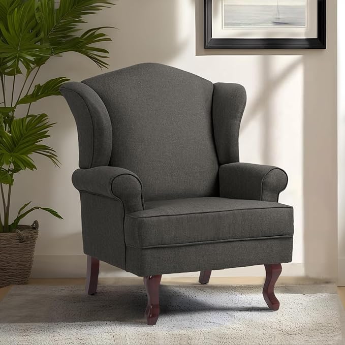 Pia Ricco Set of 2 High Back Accent Chairs: Upholstered Fabric Armchairs with Solid Wood Legs - Retro Living Room Pair, Comfy Reading Sofa Seats-Charcoal Grey