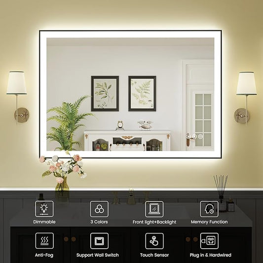 WTTY 40"X30" LED Bathroom Mirror with Black Frame, Bathroom Vanity Mirror with Lights for Wall, Front Light and Backlit, Anti-Fog, Dimmable, 3 Colors, Shatterproof, Memory, Horizontal/Vertical