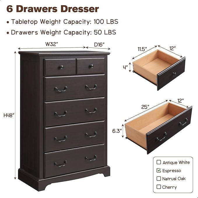 T4TREAM 6 Drawers Dresser Chests for Bedroom, 48" Tall Rustic Chset of Drawers, Wood Dressers Organizer for Bedroom, Living Room,Hallway, Espresso