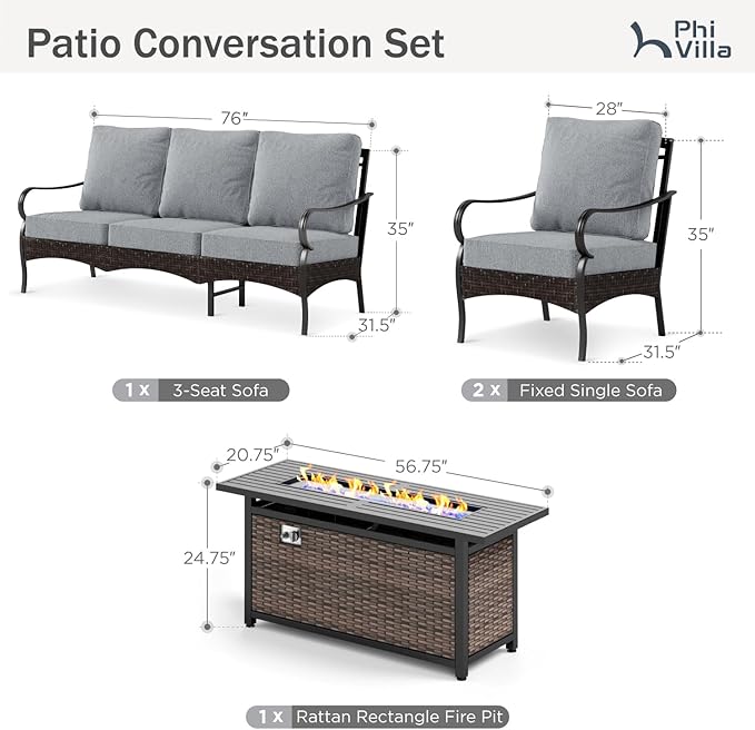 Patio Furniture Set with 56" Fire Pit Table, Premium Outdoor Wicker Metal Frame Furniture with Upgraded Waterproof Thick Cushions for Porch, Poolside, Deck, and Yard (4 Pieces,Grey
