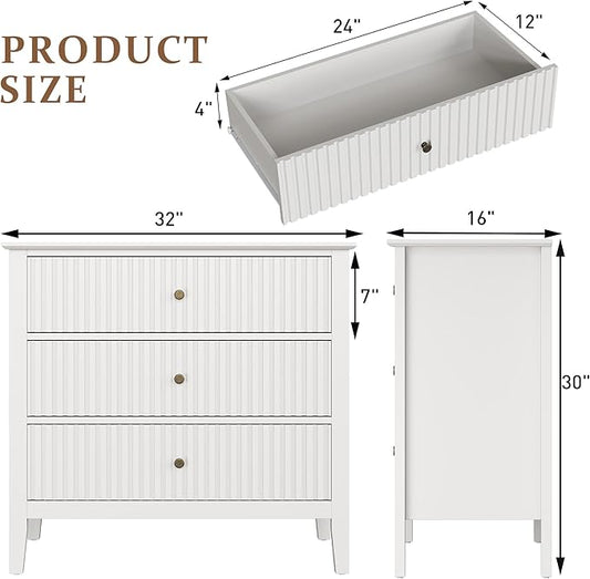 RoyalCraft White Fluted 3 Drawer Dresser, 32 inch Wide Dresser Nightstand for Bedroom, Modern Wood Chest of Drawers, Large Painted Nightstand with 3 Drawers for Closet, Hallway, Entryway