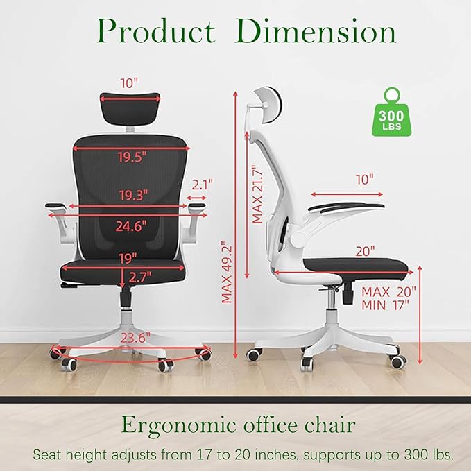 Ergonomic Office Chair, High-Back Mesh Computer Desk Chair with Adjustable Height, Lumbar Support, Flip-Up Armrests,headrest,and Swivel Rolling Design for Home and Office Use