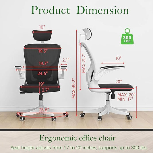 Ergonomic Office Chair, High-Back Mesh Computer Desk Chair with Adjustable Height, Lumbar Support, Flip-Up Armrests,headrest,and Swivel Rolling Design for Home and Office Use