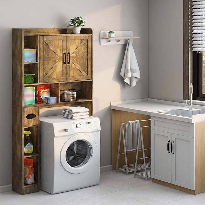 Vabches Over The Toilet Storage Cabinet, Farmhouse Storage Cabinet Over Toilet with 2 Barn Doors & Toilet Paper Holder Stand,Home Space-Saving Toilet Rack, for Bathroom, Restroom, Laundry.