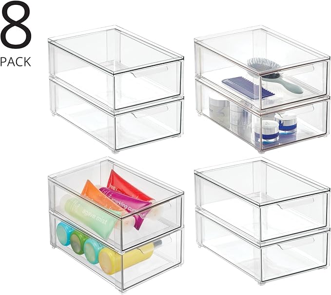mDesign Plastic Stackable Bathroom Storage Organizer Bin with Pull Out Drawer for Cabinet, Vanity, Shelf, Cupboard, Cabinet, or Closet Organization - Lumiere Collection - 8 Pack - (Clear, 8 x 12 x 4)