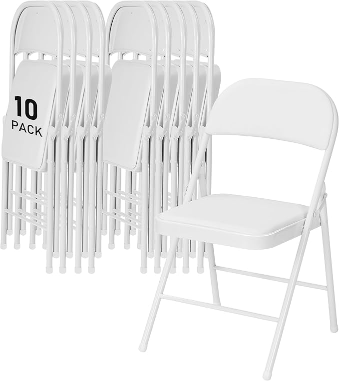 SEALAMB 10 Pack White Folding Chairs with Padded Seats & Cushion, Durable Metal Foldable Chairs for Wedding Party, Commercial Chairs for Office School Church Events, 330lb Capacity (White-PU, 10 Pack)