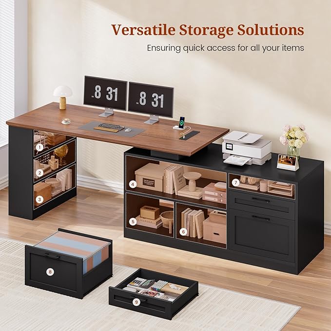 L Shaped Desk, 55" Reversible Office Desk with File Drawers & Storage Shelves, Modern Executive Desk with Power Outlets, Pegboard, 6 Hooks, Rotating Corner Computer Desk for Home Office, Walnut