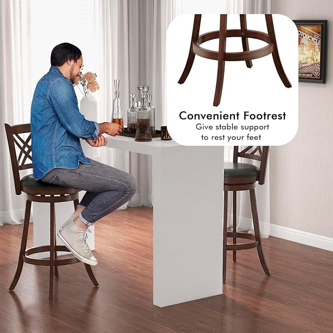 COSTWAY Bar Stool Set of 2 for Kitchen Island, Swivel Upholstered Bar Height Barstools with PU Surface, Rubber Wood Frame, 360° Rotatable Seat, Curved Back, Sturdy Footrest (2, 29" Seat Height)