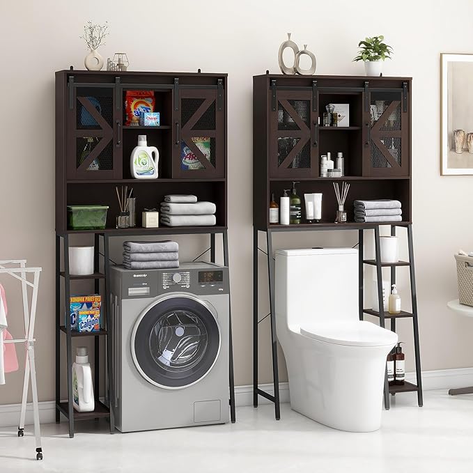 Over The Toilet Storage Cabinet, Farmhouse Storage Cabinet Over Toilet with Sliding Barn Door,Home Space-Saving Toilet Rack, for Bathroom, Restroom, Laundry(Espresso)