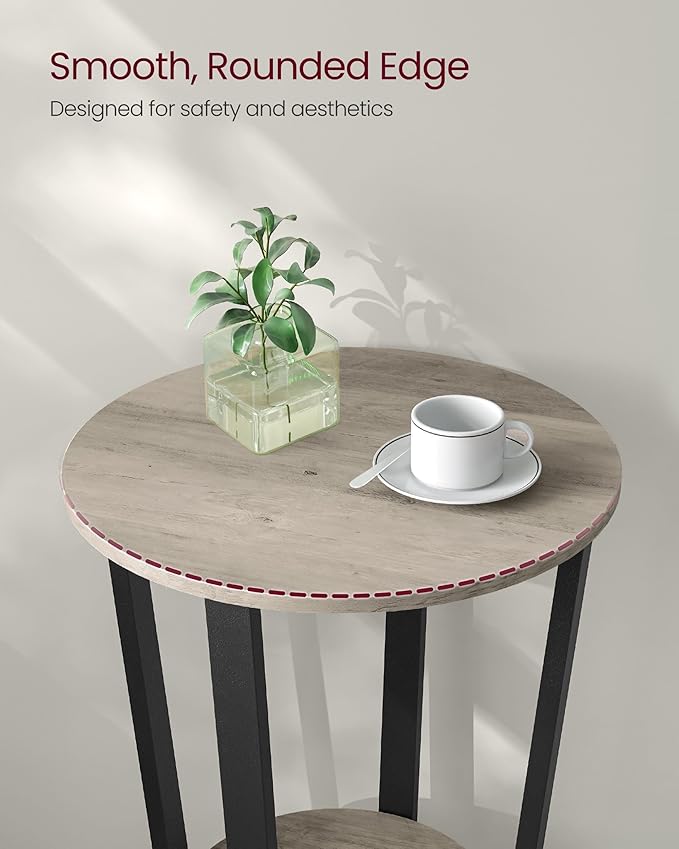 VASAGLE Round Side End Table, 2-Tier Accent Bedside Table with Storage Shelf, Easy Assembly, Nightstand for Small Spaces, Living Room, Bedroom, Heather Greige and Ink Black ULET057B02